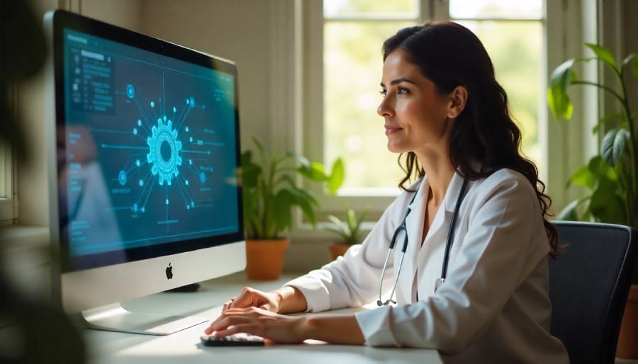 Nutricionista analisando dados no computador com tecnologia aplicada à profissão