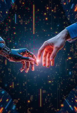 mão de humano tocando em uma mão robótica