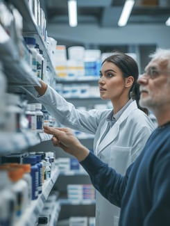 farmacêutica ajudando o cliente